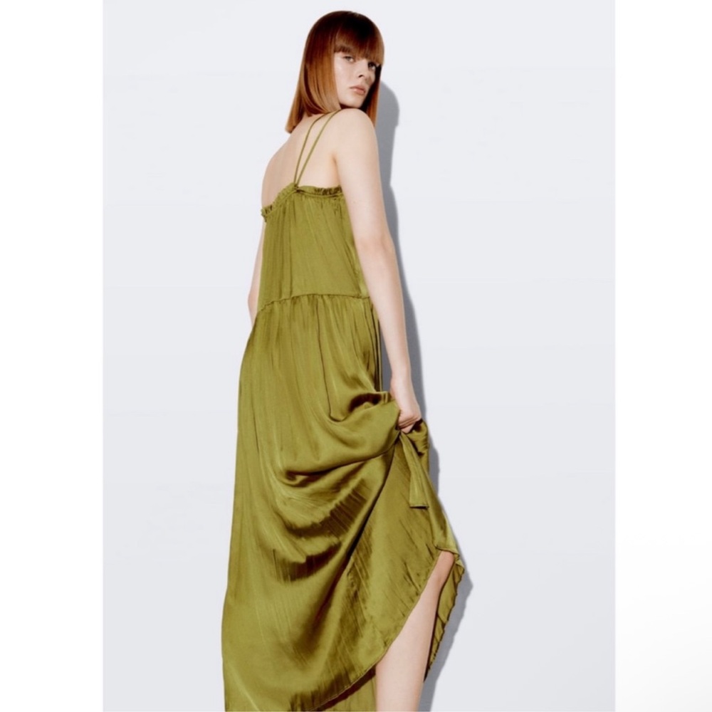 Zara Olive Satin Effect Dress - Picture 4 of 15